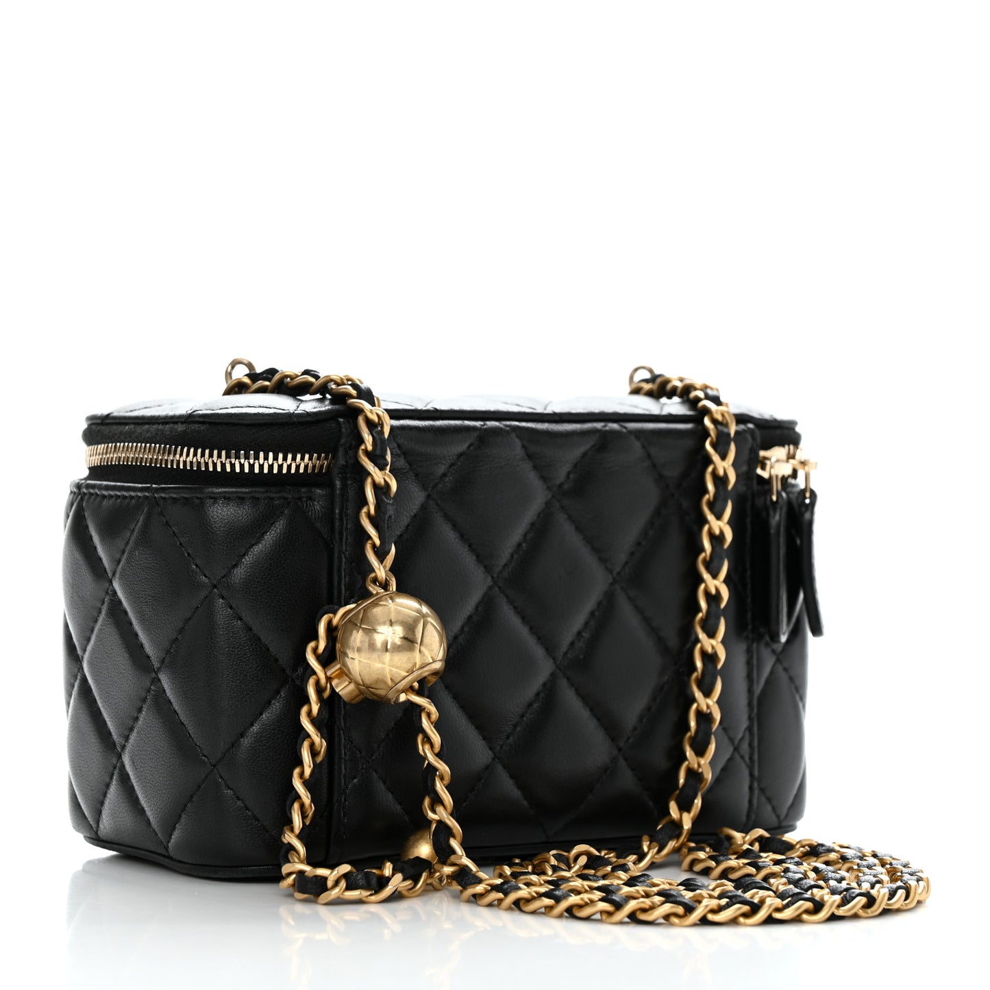 Lambskin Quilted Small Pearl Crush Vanity Case With Chain Black