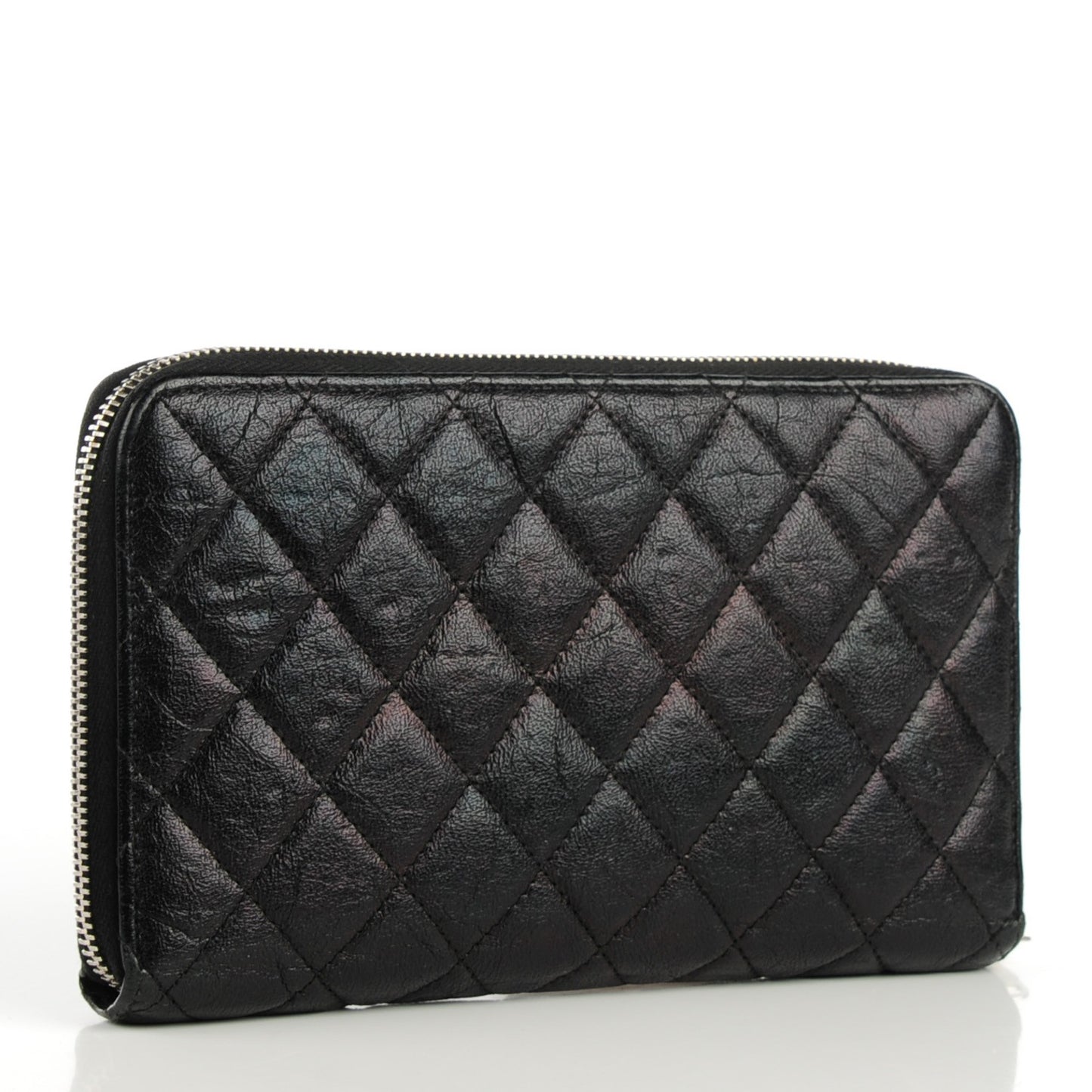 Glazed Calfskin Quilted Large Zip Around Organizer Wallet Black
