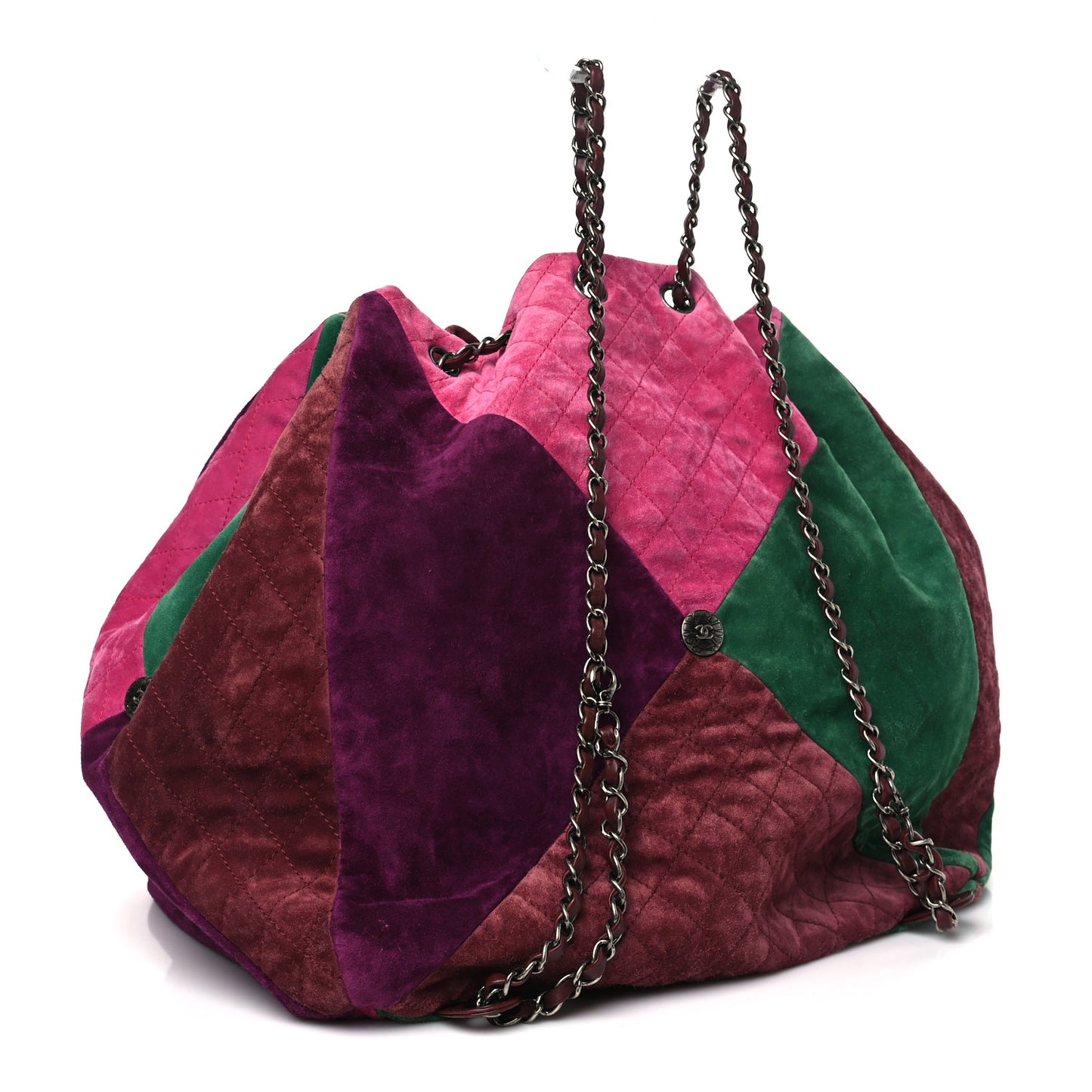 Suede Quilted Patchwork Drawstring Bag Green Pink Purple Burgundy