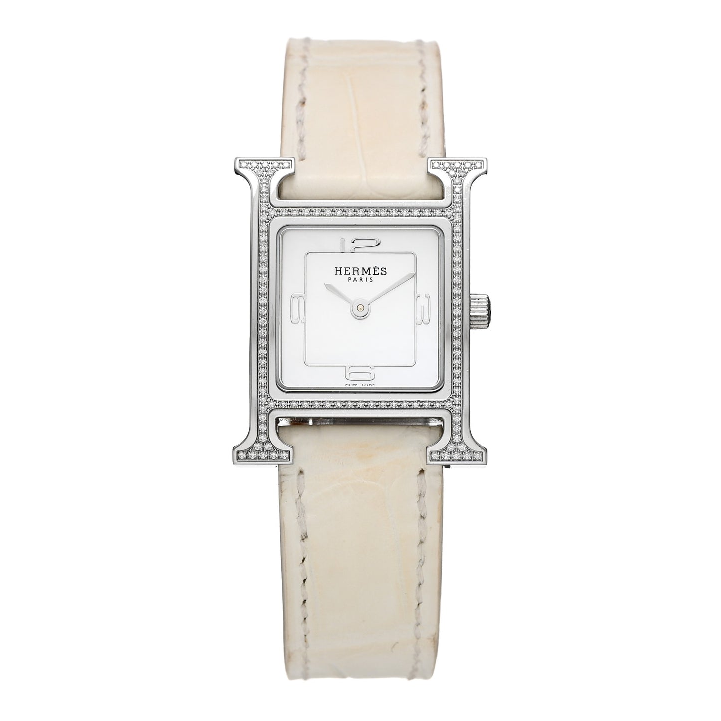 Stainless Steel Alligator Diamond Bezel Mother of Pearl 21mm Heure H Hour Quartz Watch Blanc