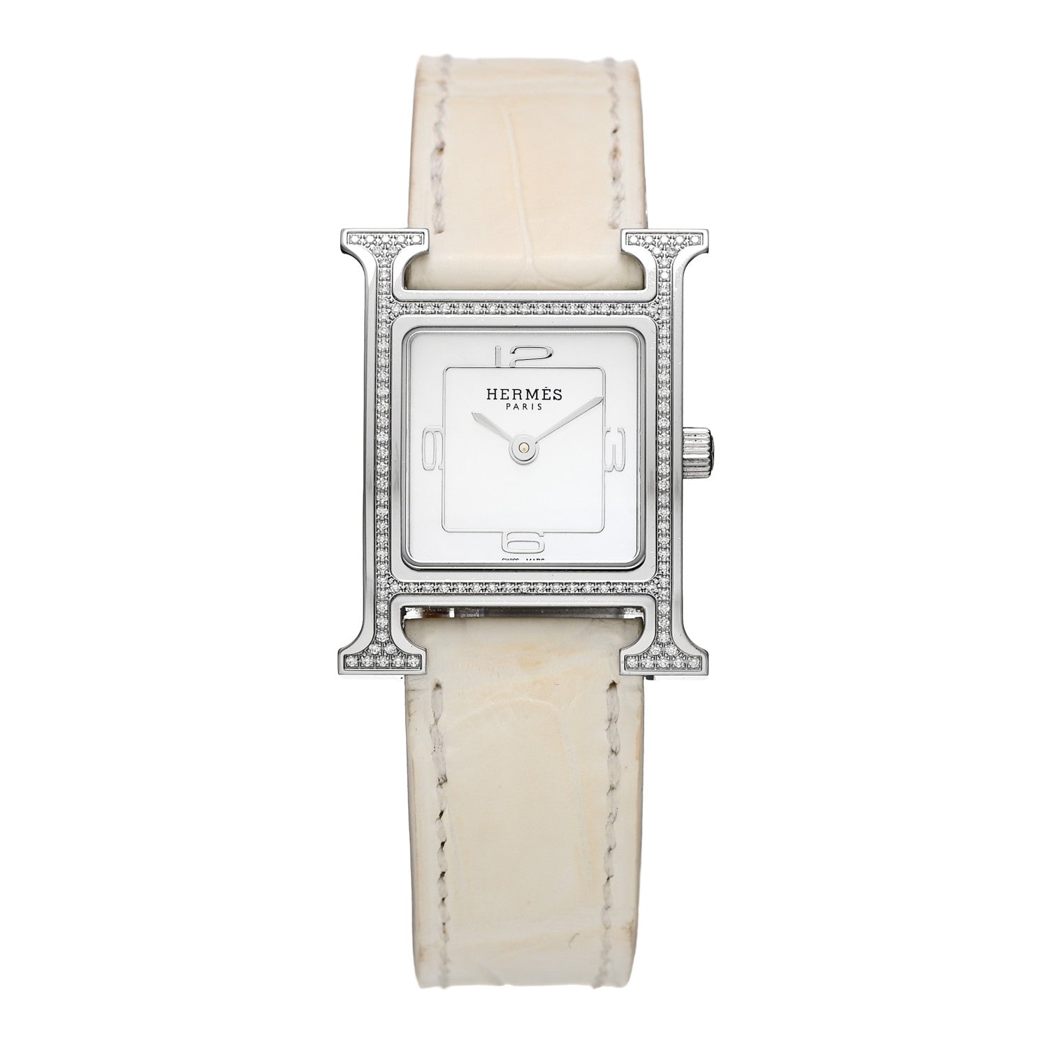 Hermes Stainless Steel Alligator Diamond Bezel Mother of Pearl 21mm Heure H Hour Quartz Watch Blanc 1 of 5