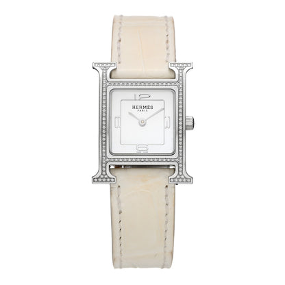 Hermes Stainless Steel Alligator Diamond Bezel Mother of Pearl 21mm Heure H Hour Quartz Watch Blanc 1 of 5