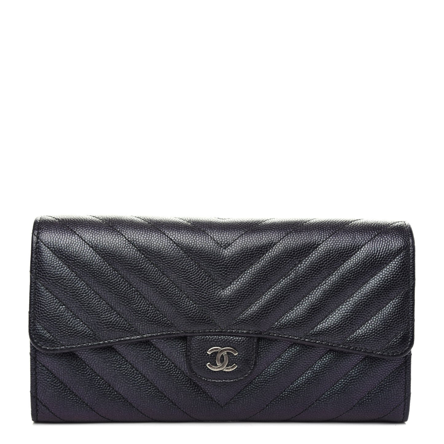 Iridescent Caviar Chevron Quilted Large Gusset Flap Wallet Black