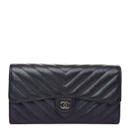 Chanel Iridescent Caviar Chevron Quilted Large Gusset Flap Wallet Black 1 of 8