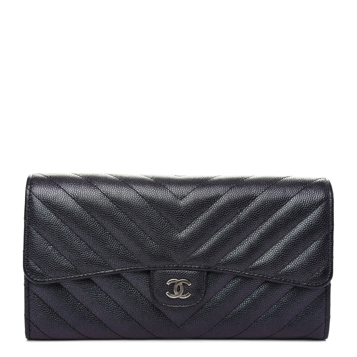 Chanel Iridescent Caviar Chevron Quilted Large Gusset Flap Wallet Black 1 of 8
