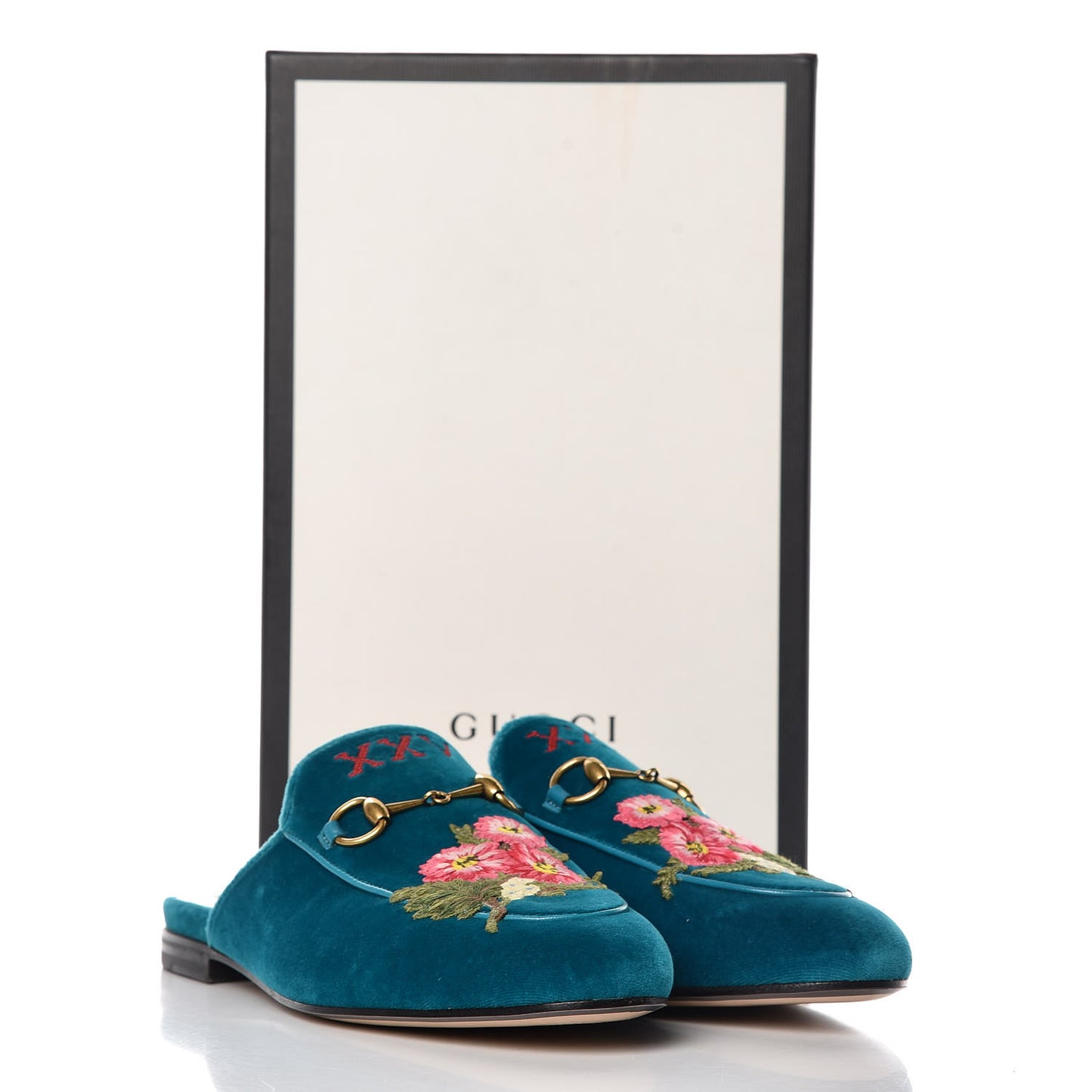 Velvet Floral Embroidered Womens Princetown Slippers 38 Pavone