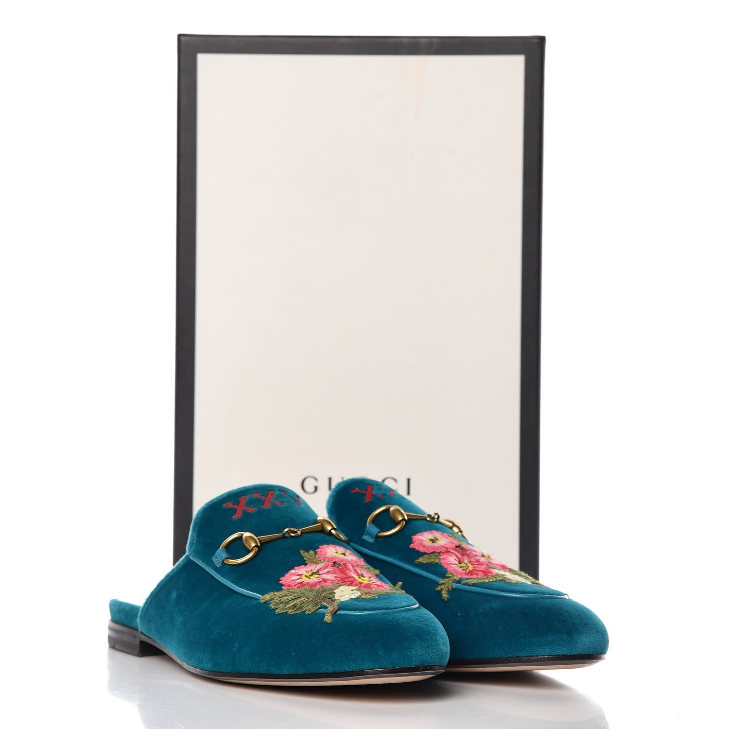 Gucci Velvet Floral Embroidered Womens Princetown Slippers 38 Pavone 12 of 12