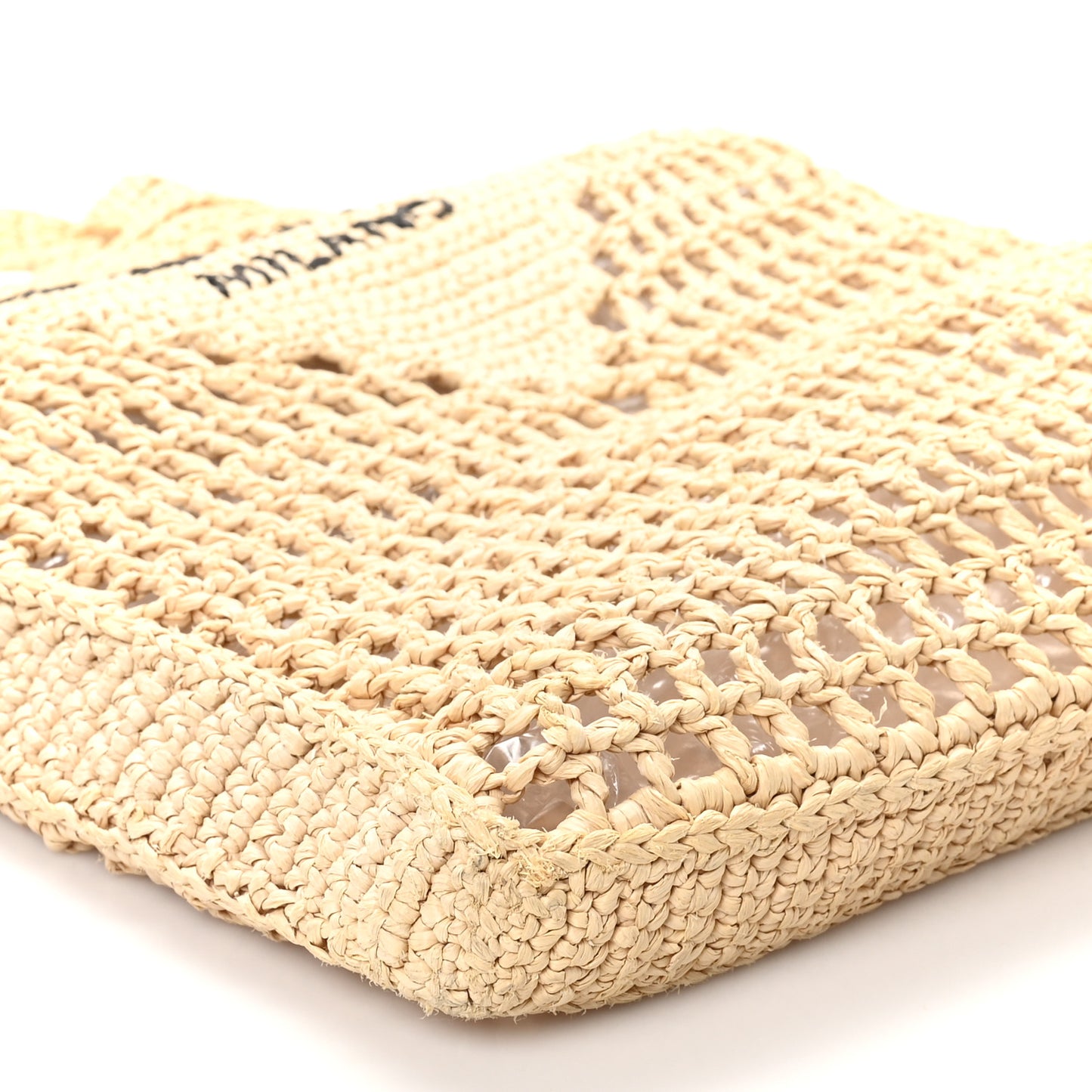 Yarn Raffia Effect Crochet Logo Embroidered Tote Bag Naturale