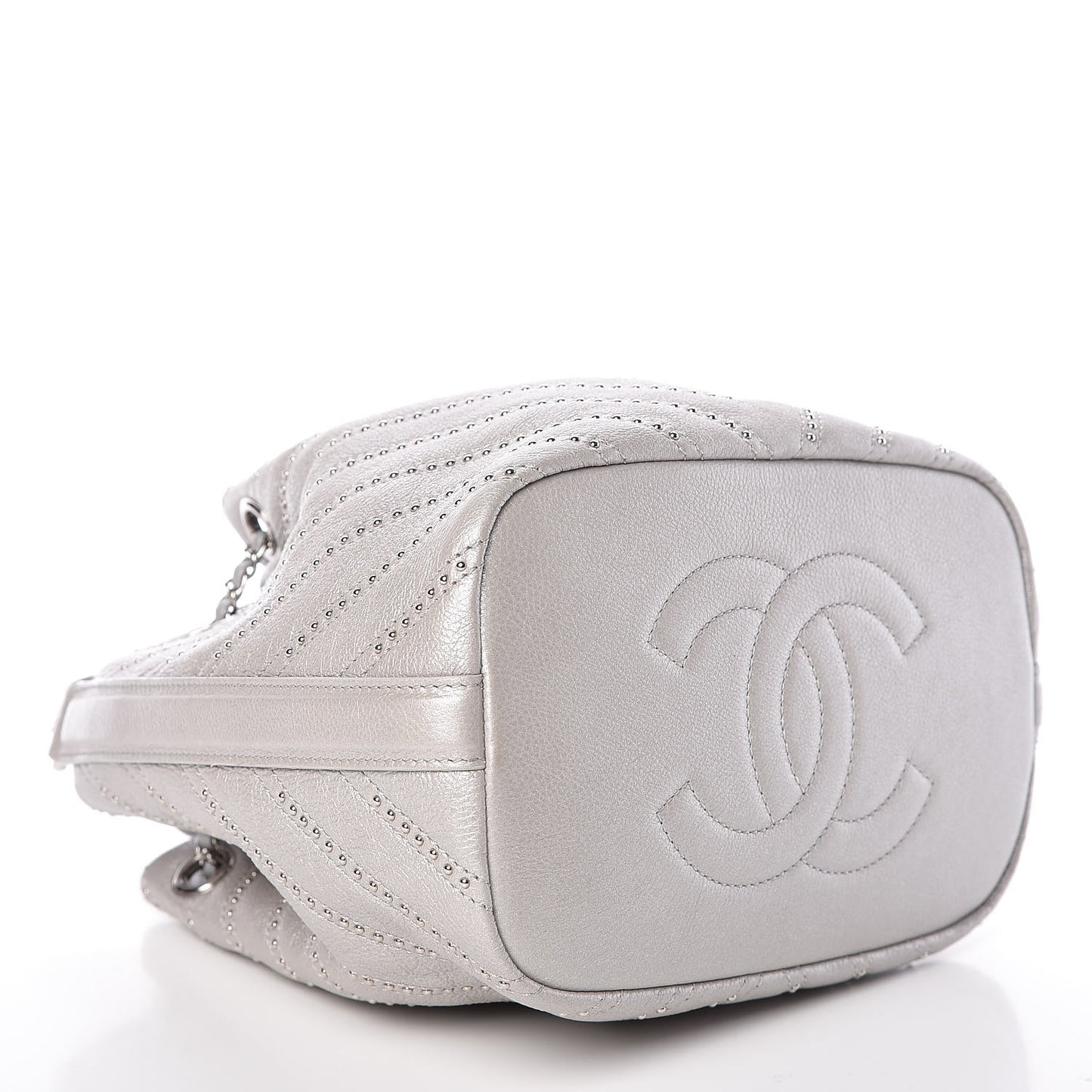 Metallic Calfskin Studded Chevron Quilted Small Stud Wars Drawstring Bag Silver