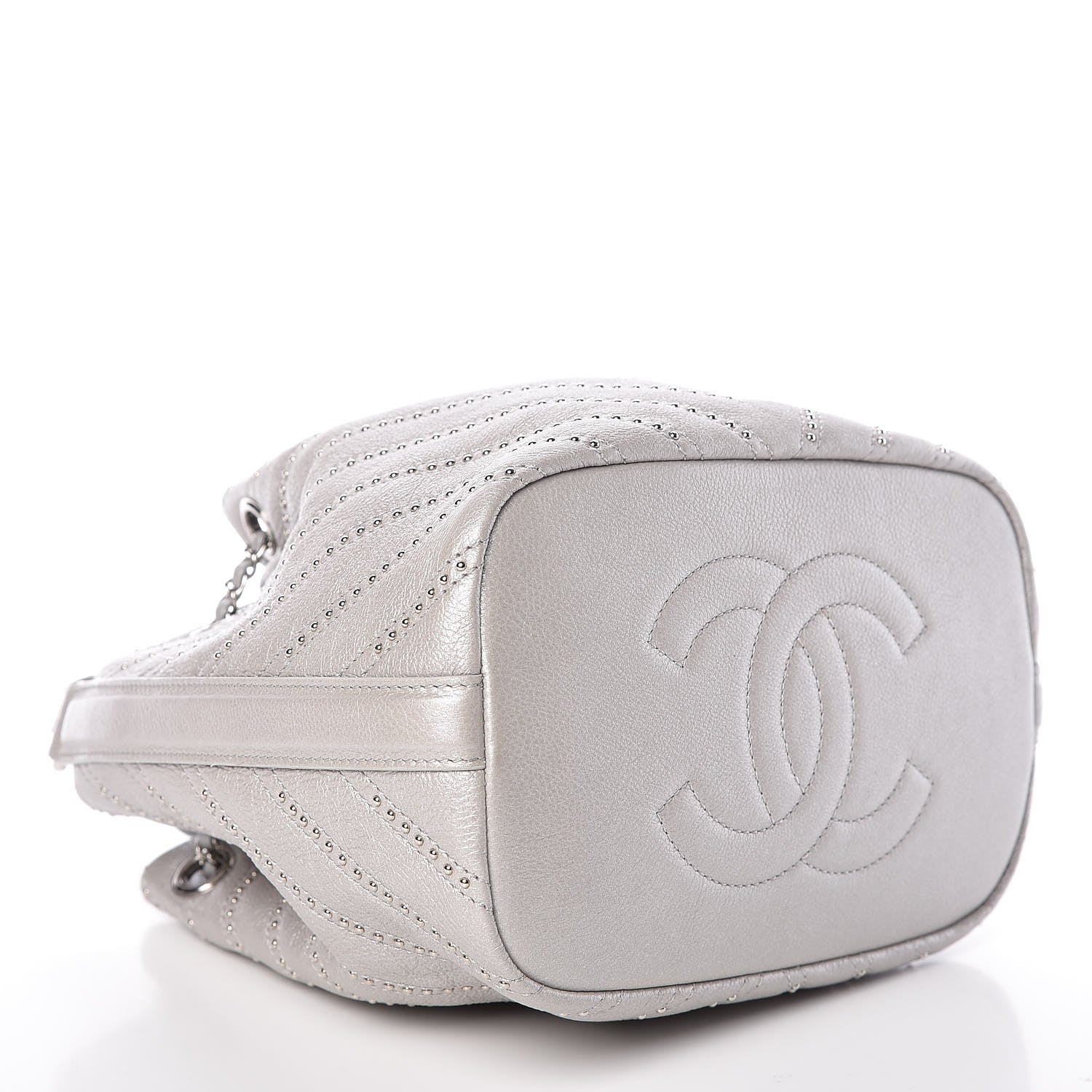 Chanel Metallic Calfskin Studded Chevron Quilted Small Stud Wars Drawstring Bag Silver 4 of 10
