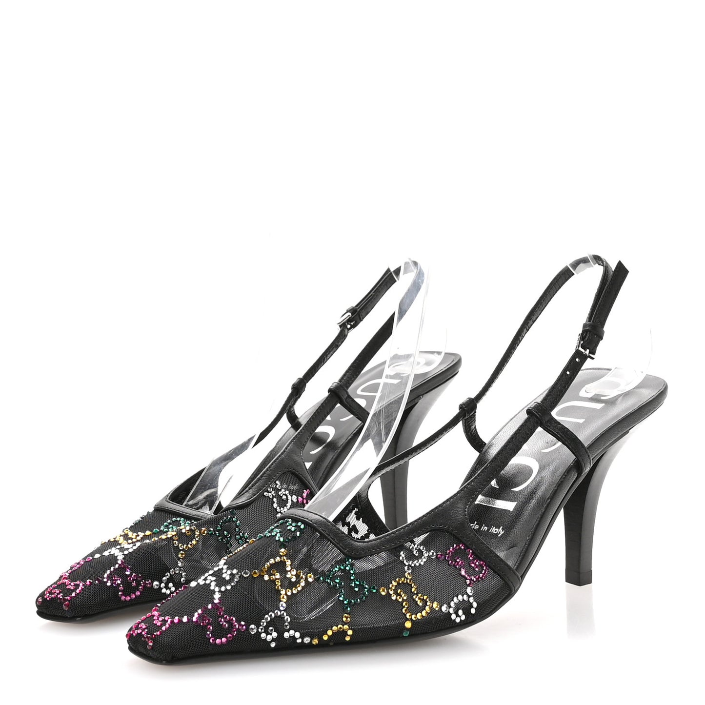 Tela Retino Nappa Charlotte Crystal GG Monogram Square G 75mm Slingback Pumps 38.5 Black