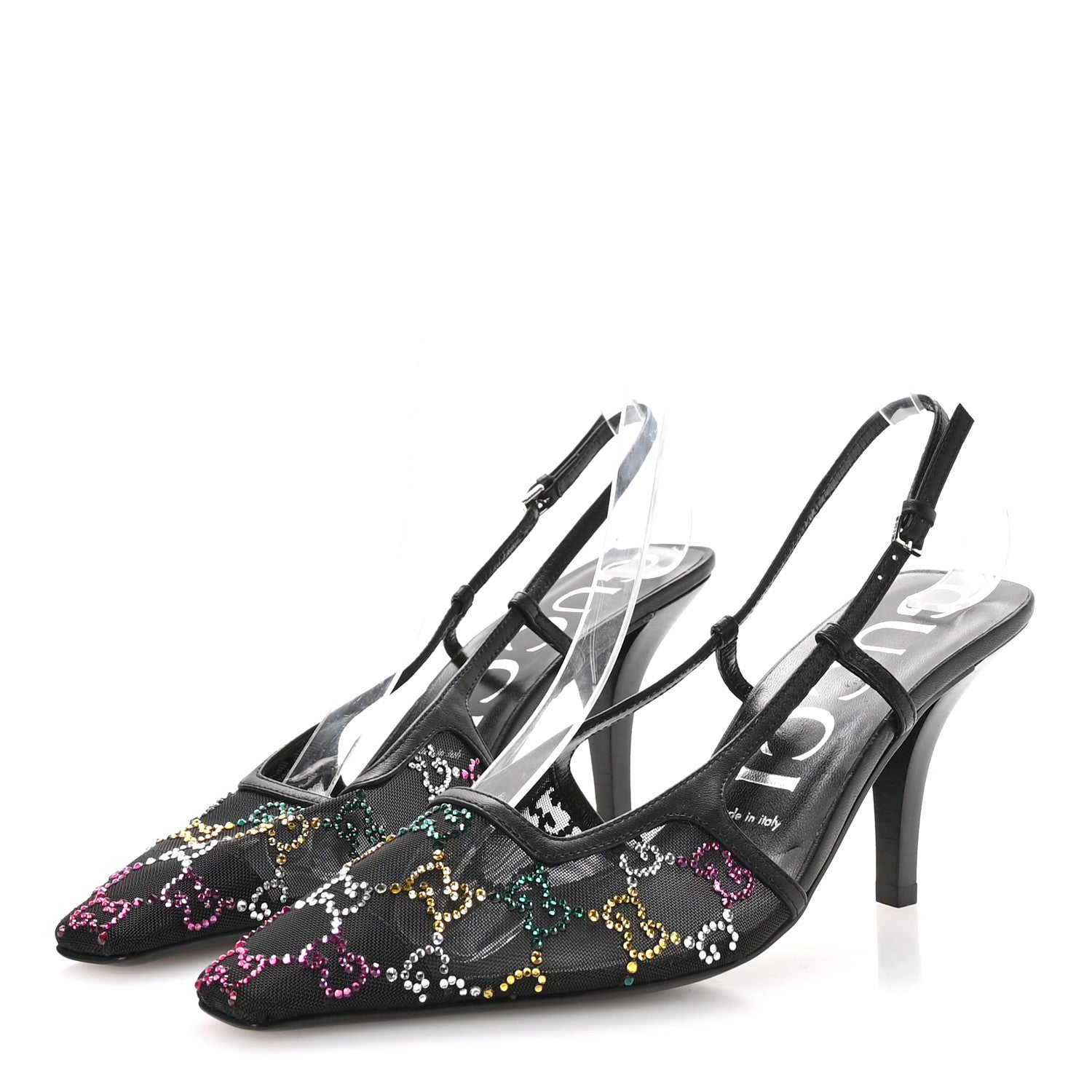 Gucci Tela Retino Nappa Charlotte Crystal GG Monogram Square G 75mm Slingback Pumps 38.5 Black 4 of 8