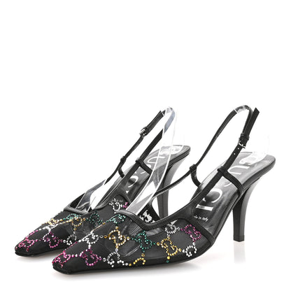 Gucci Tela Retino Nappa Charlotte Crystal GG Monogram Square G 75mm Slingback Pumps 38.5 Black 4 of 8