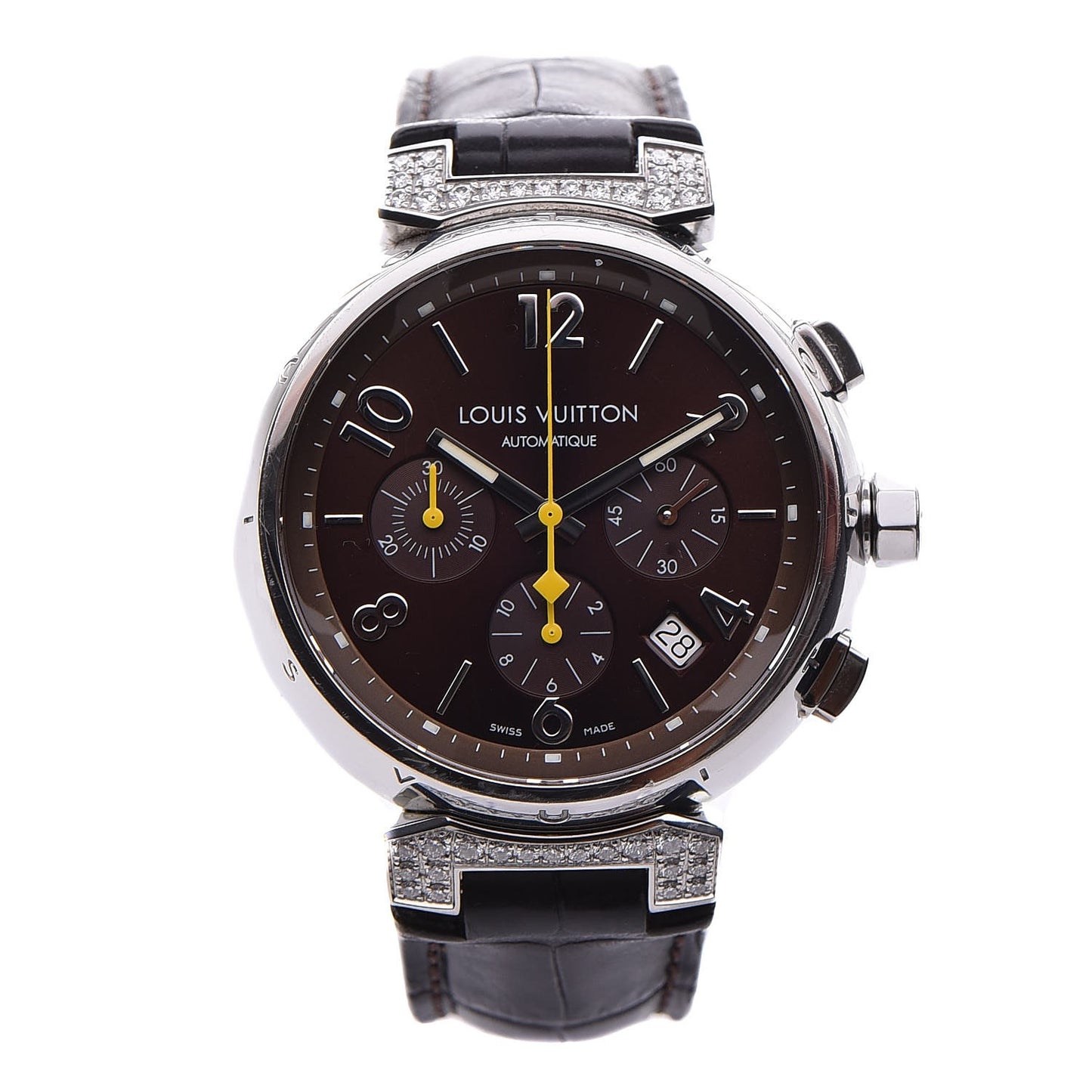Stainless Steel Alligator Diamond 41mm Tambour Chronograph Automatic Watch Brown