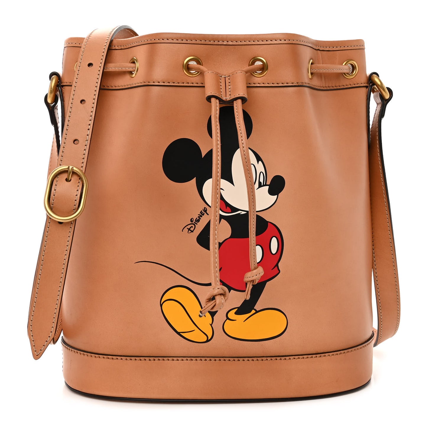 X DISNEY Calfskin Mickey Mouse Printed Bucket Bag Brown