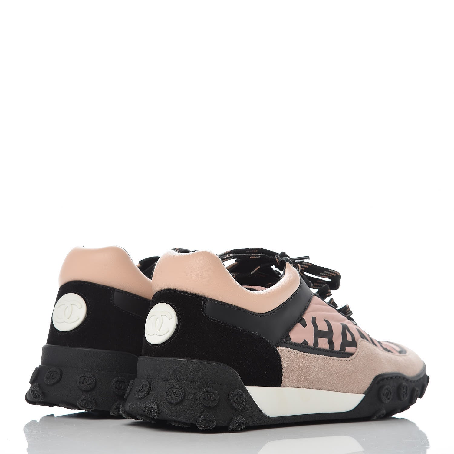 Chanel Nylon Calfskin Suede CC Womens Sneakers 37.5 Pink Black 4 of 11