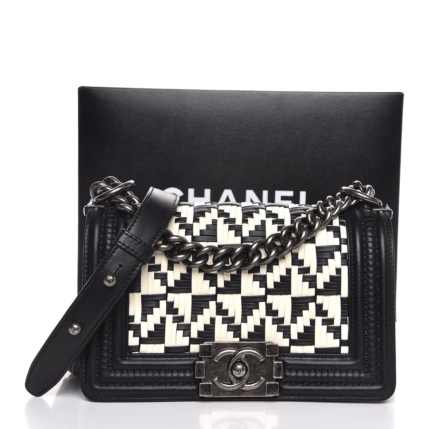 Calfskin Woven Small Boy Flap Black White