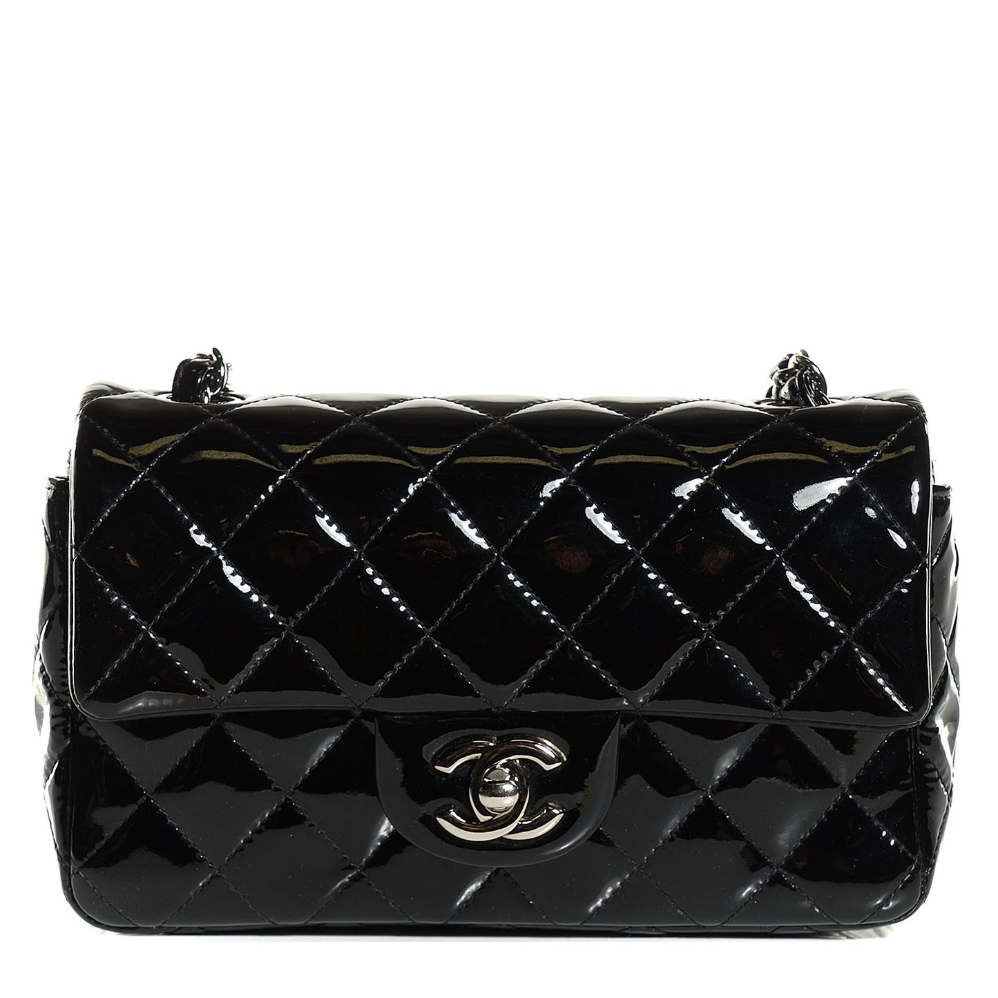 Patent Calfskin Quilted Mini Rectangular Flap Black