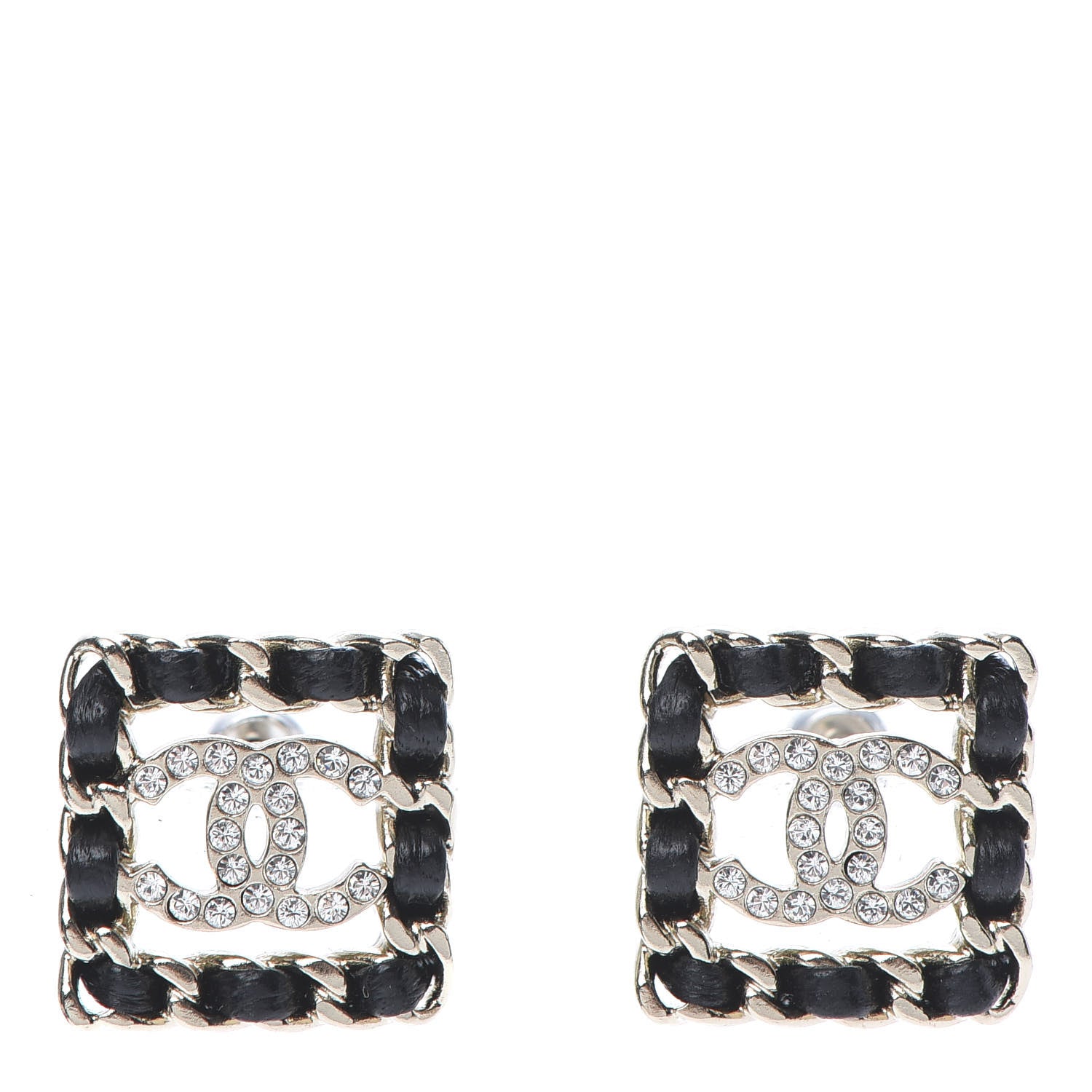 Chanel Crystal Lambskin Chain Sergeant Stud Earrings Black Gold 1 of 5