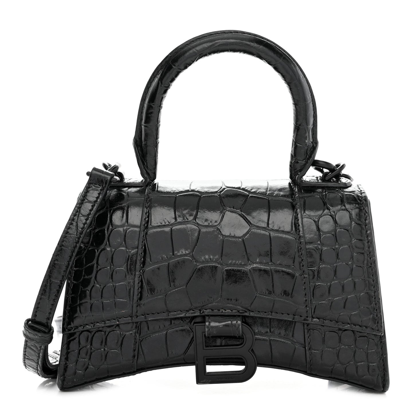 Shiny Calfskin Monochrome Crocodile Embossed Hourglass Top Handle Bag XS Black