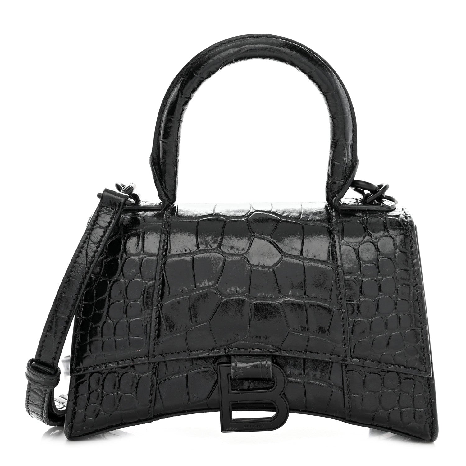 Balenciaga Shiny Calfskin Monochrome Crocodile Embossed Hourglass Top Handle Bag XS Black 1 of 9