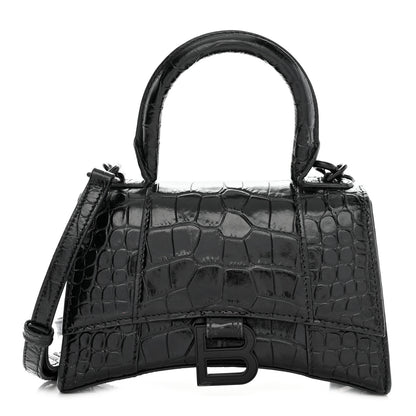 Balenciaga Shiny Calfskin Monochrome Crocodile Embossed Hourglass Top Handle Bag XS Black 1 of 9