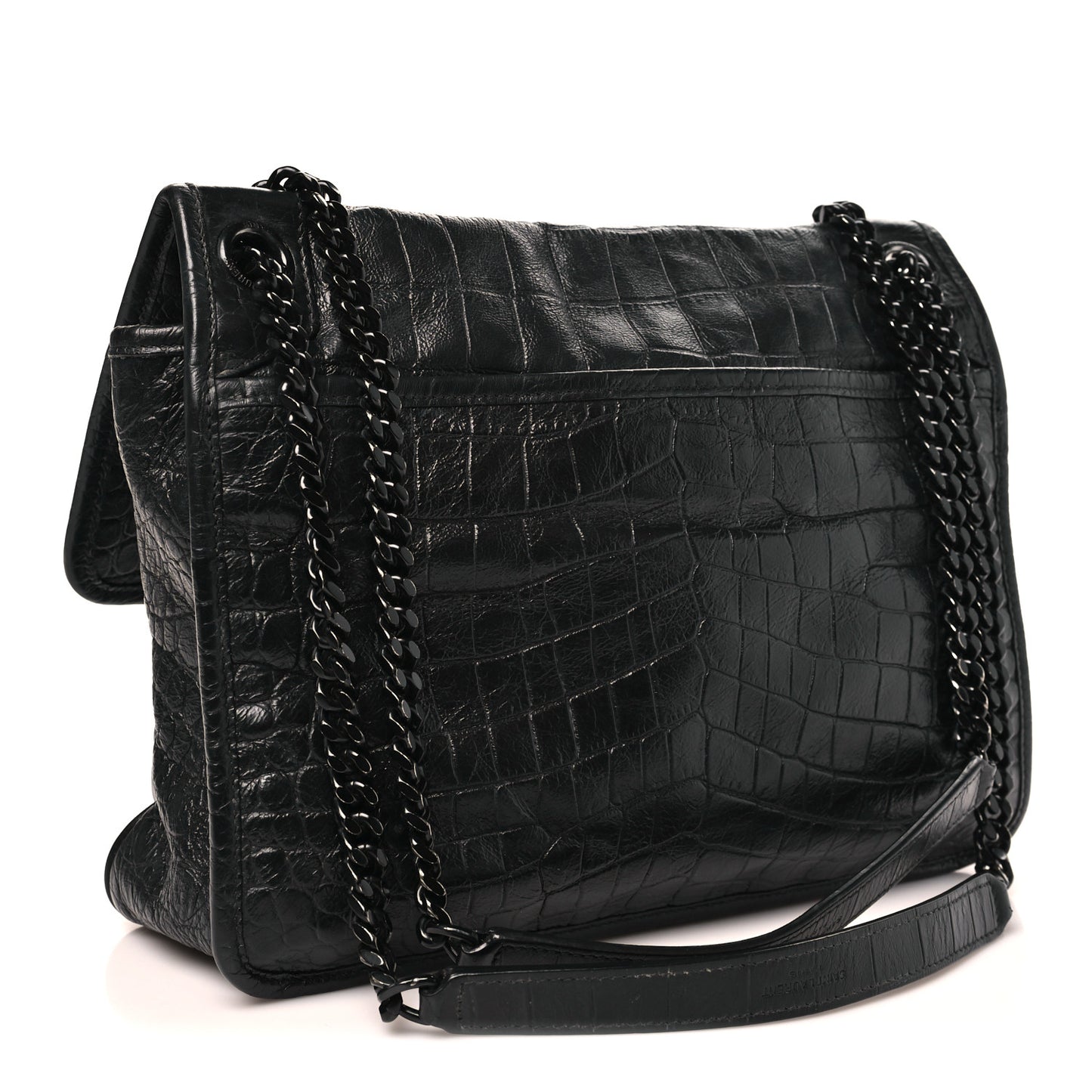 Crocodile Embossed Lambskin Monogram Medium Niki Chain Satchel Black