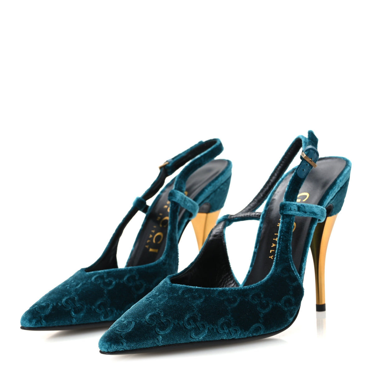 Gucci Velvet GG Monogram Slingback 115mm Pumps 37.5 Peacock 4 of 10