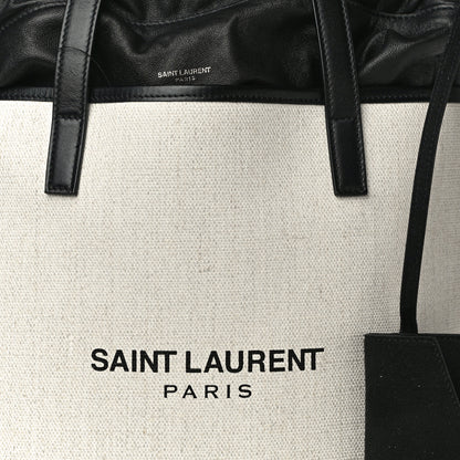 Saint Laurent Canvas Calfskin Teddy Drawstring Shopping Tote White Black 8 of 12