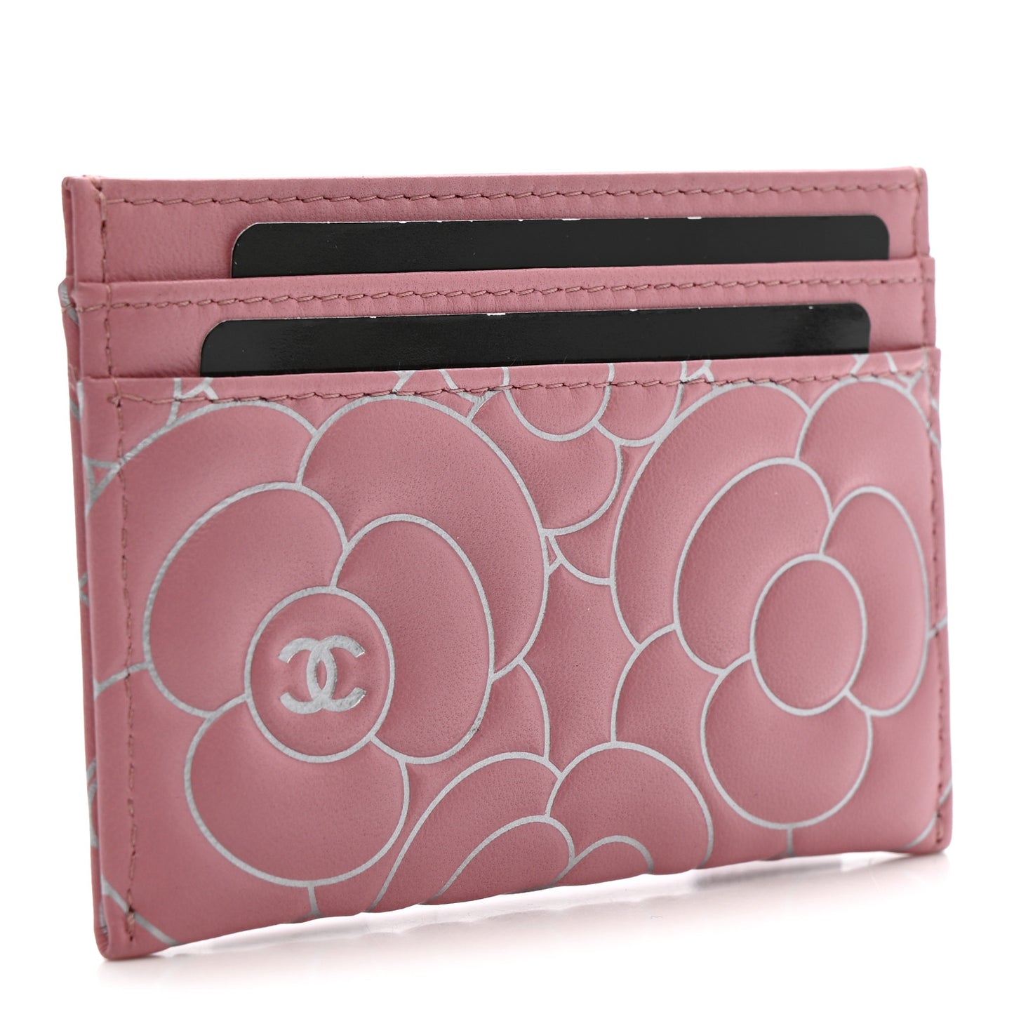 Lambskin Camellia Embossed Card Holder Pink Silver