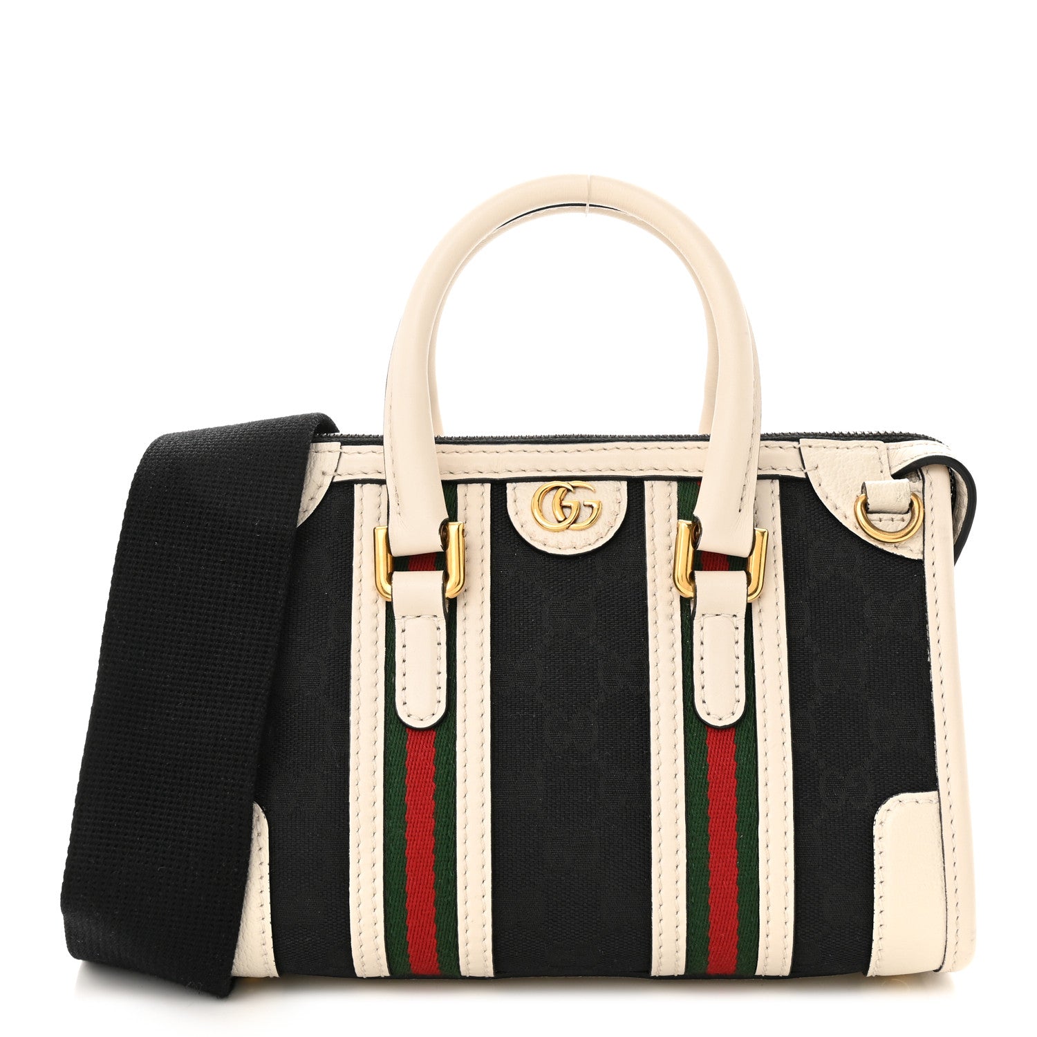 Gucci Monogram Textured Dollar Calfskin Web Mini Bauletto Duffle Top Handle Bag Black Mystic White 1 of 11