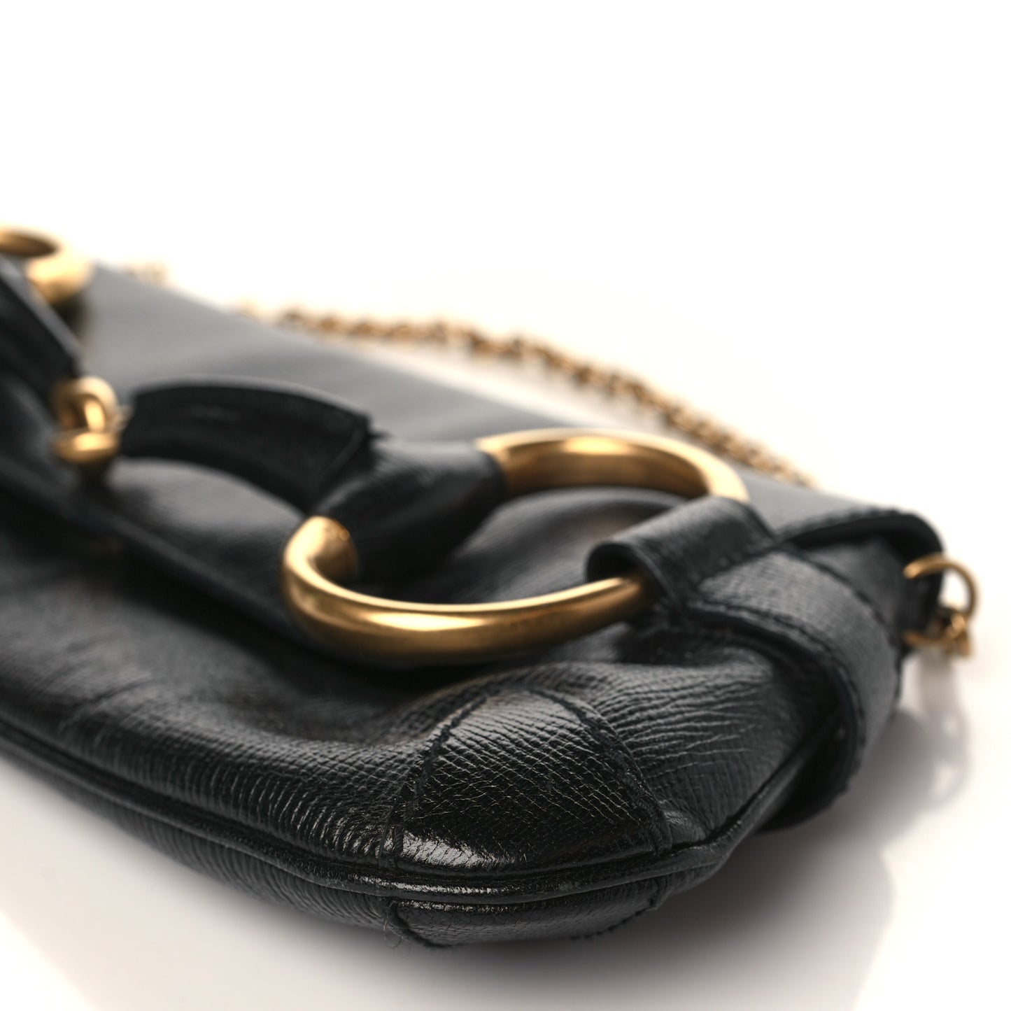 Textured Calfskin Horsebit Chain Clutch Black