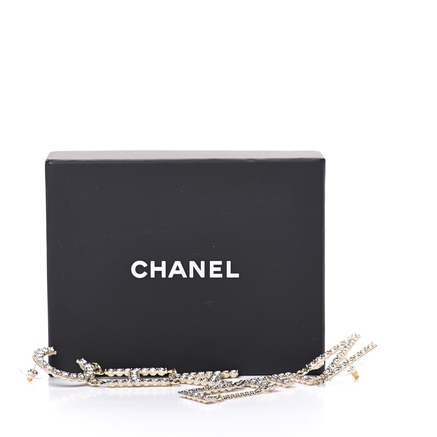 Chanel Crystal Cha-Nel Logo Drop Earrings Gold 5 of 5