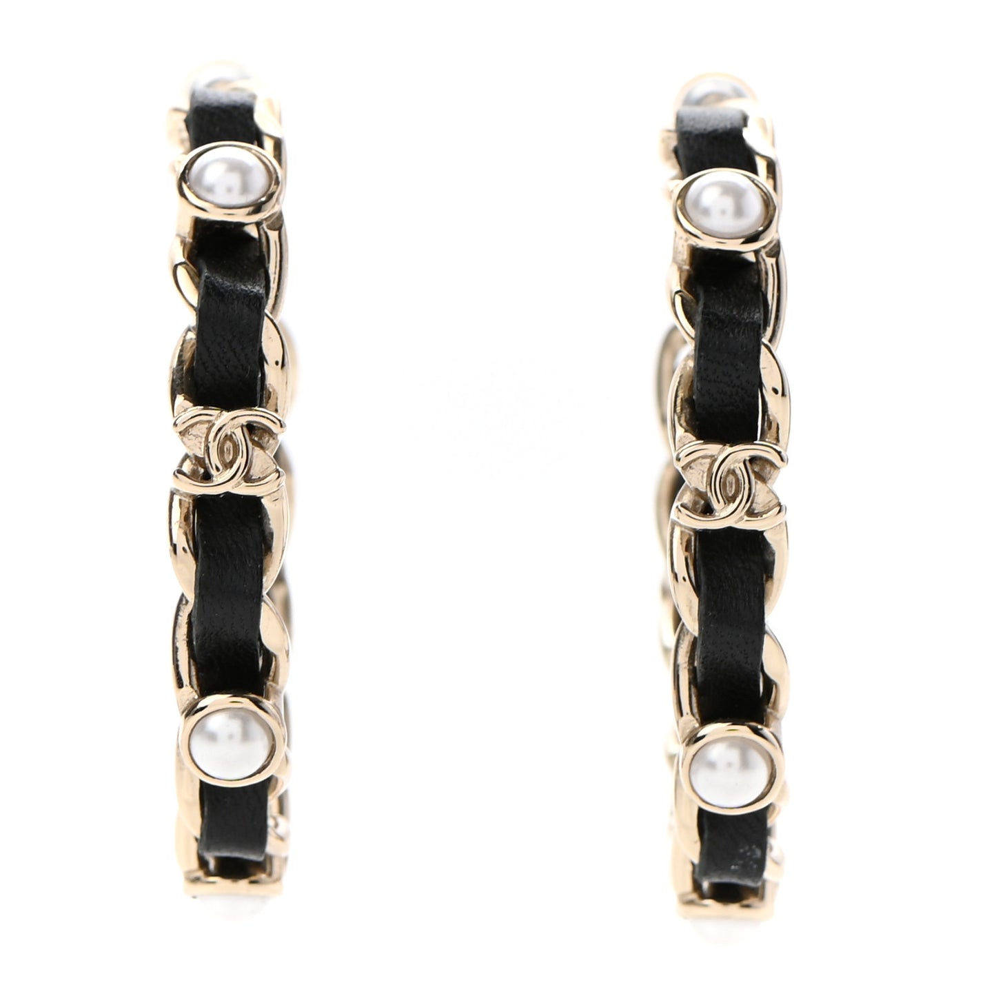 Lambskin Pearl More Is More CC Chain Hoop Earrings Gold Black