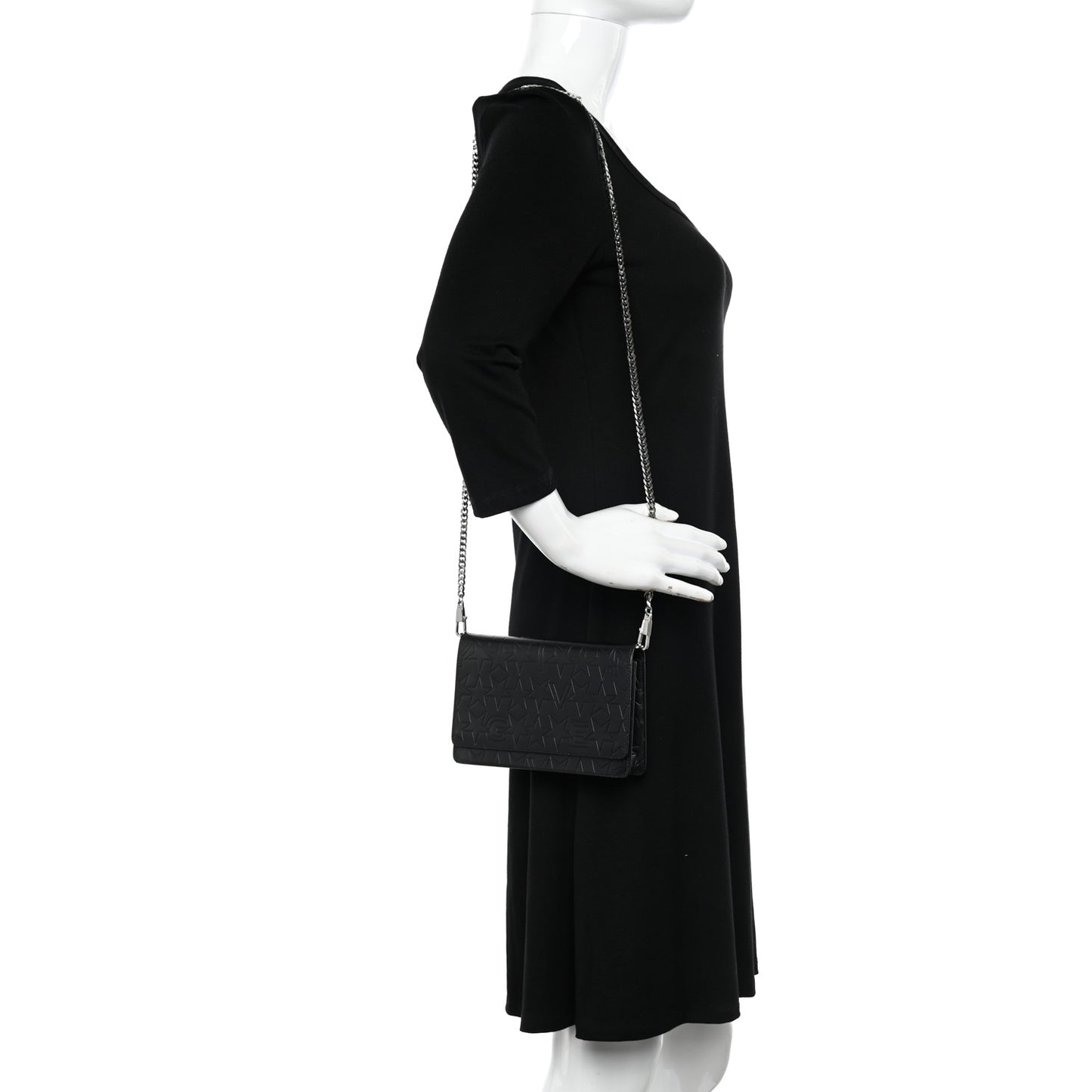 Calfskin Star Embossed Chain Wallet Black