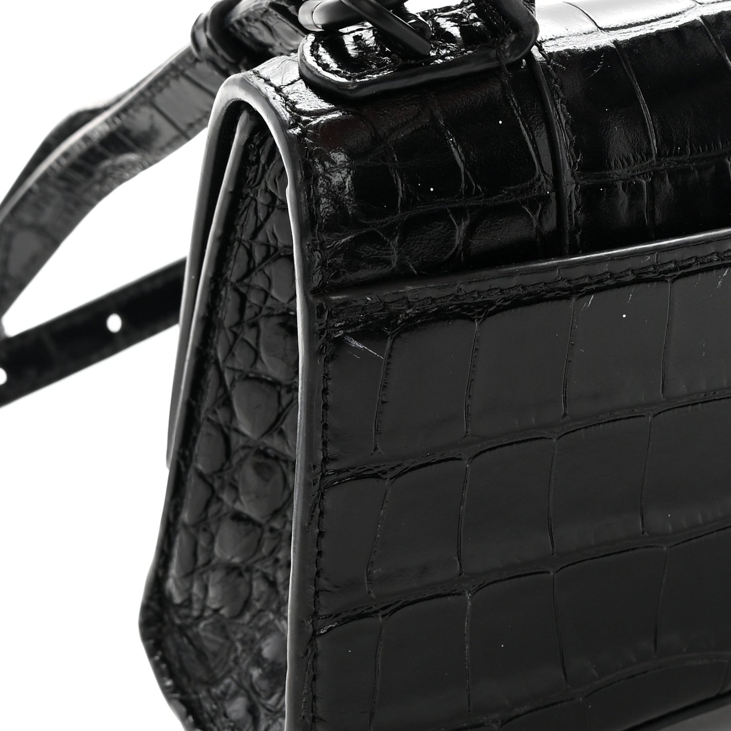 Shiny Calfskin Monochrome Crocodile Embossed Hourglass Top Handle Bag XS Black