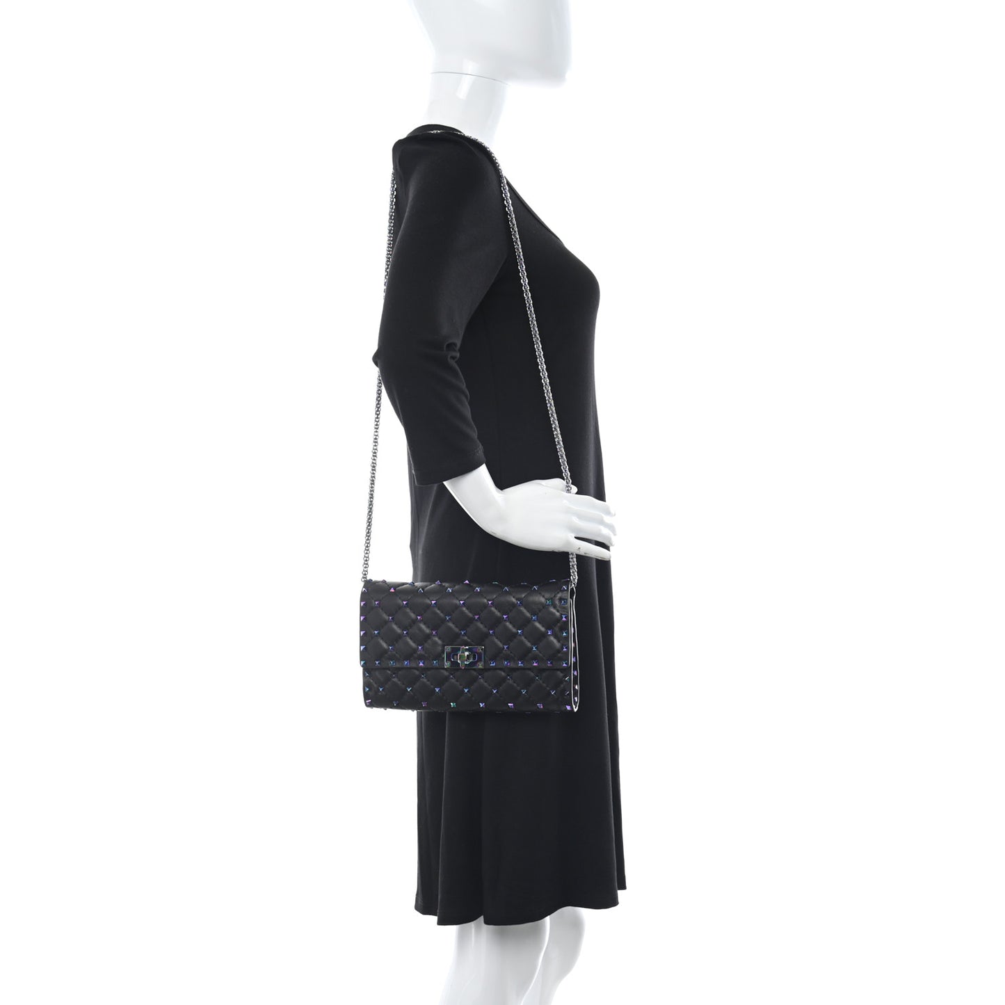 Lambskin Oil Slick Rockstud Spike Wallet on Chain Black