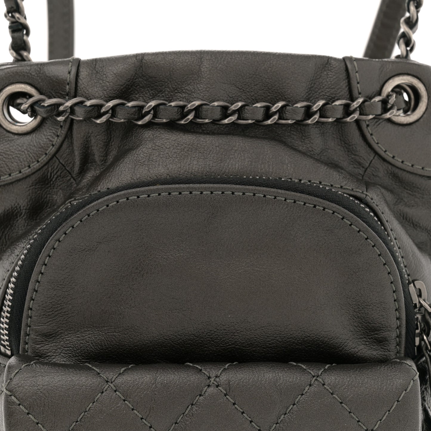 Metallic Lambskin Quilted Drawstring Backpack Dark Grey