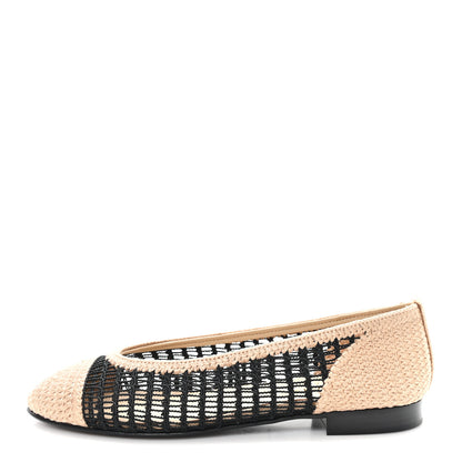Chanel Raffia Cap Toe Ballerina Flats 37.5 Black Beige 1 of 9