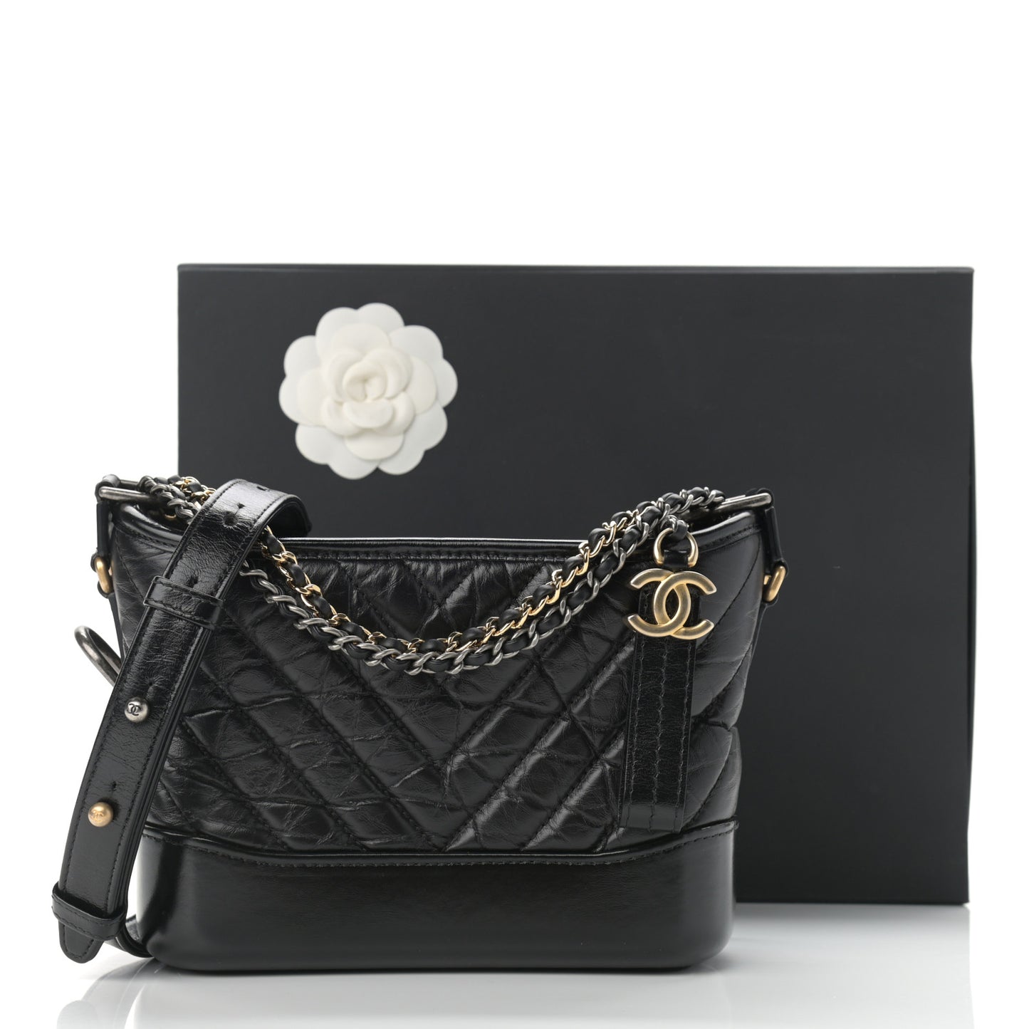 Aged Calfskin Chevron Quilted Small Gabrielle Hobo Black