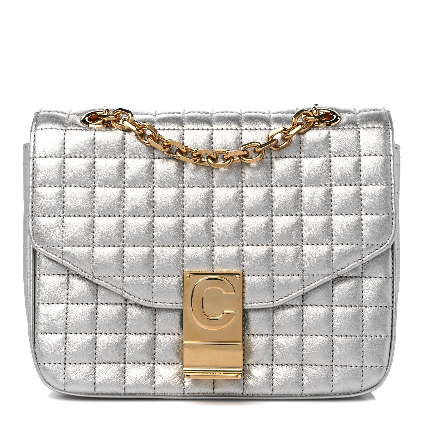 Laminated Calfskin Quilted Medium C Bag Silver