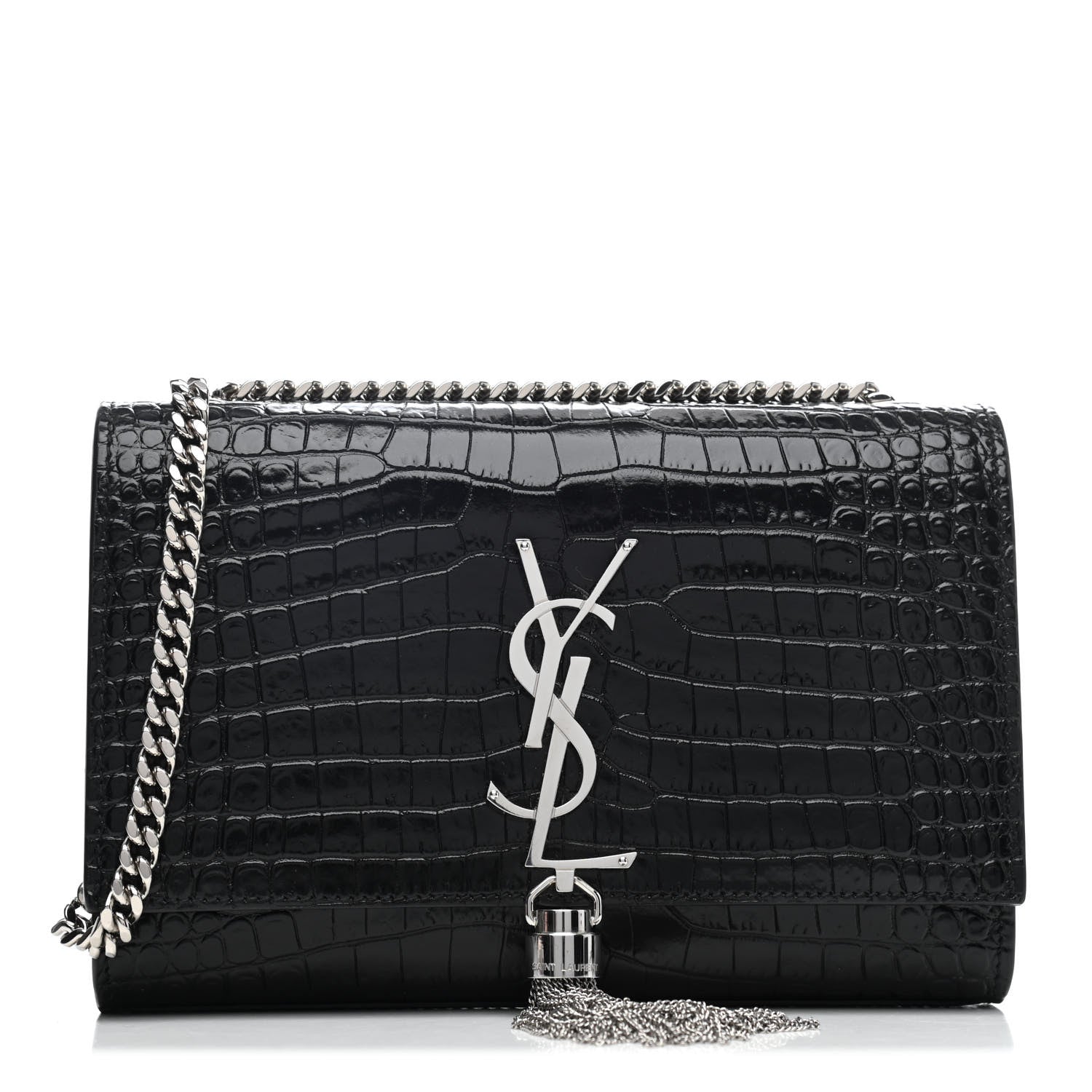 Saint Laurent Calfskin Crocodile Embossed Small Classic Monogram Kate Tassel Satchel Black 1 of 4