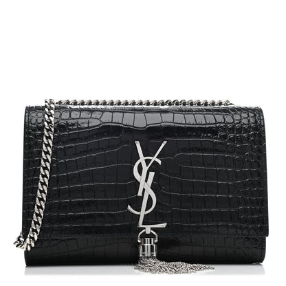 Saint Laurent Calfskin Crocodile Embossed Small Classic Monogram Kate Tassel Satchel Black 1 of 4