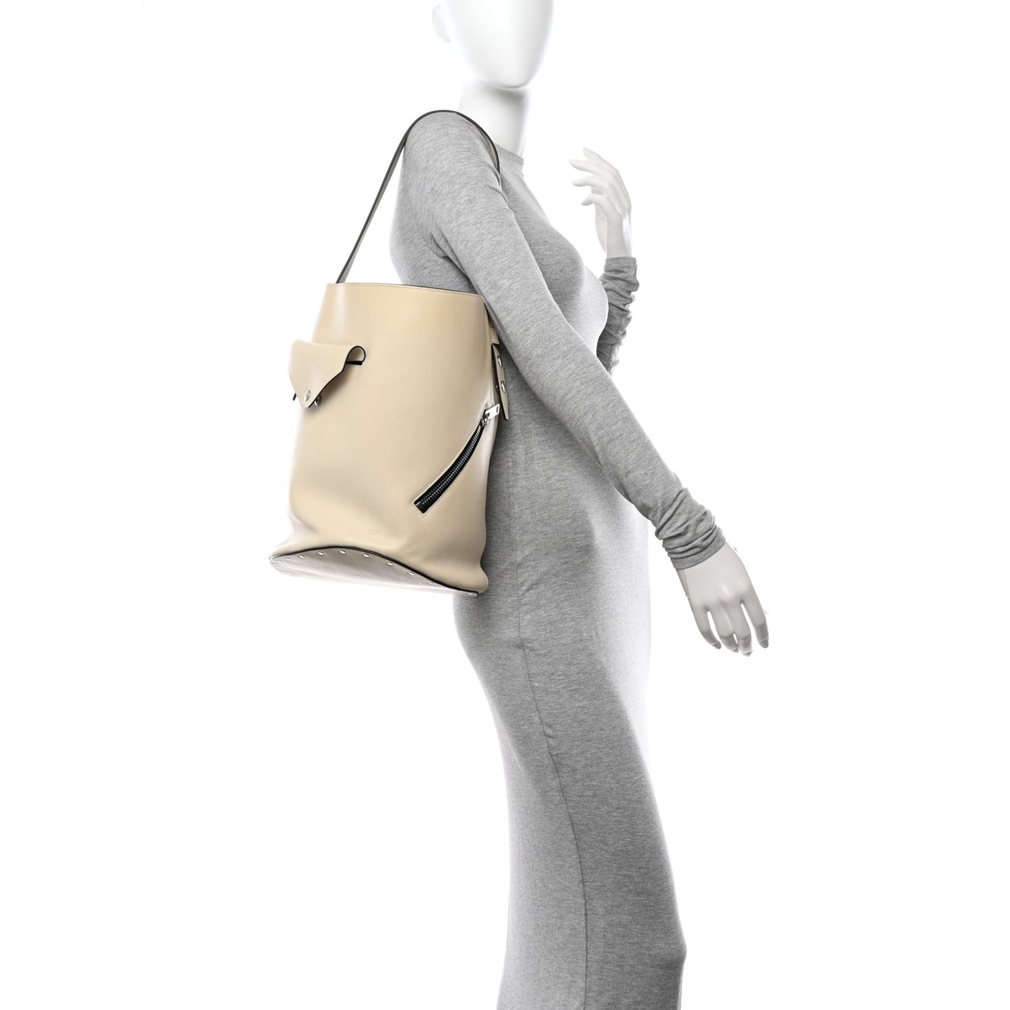 Natural Calfskin Biker Bucket Shoulder Bag White Dark Green