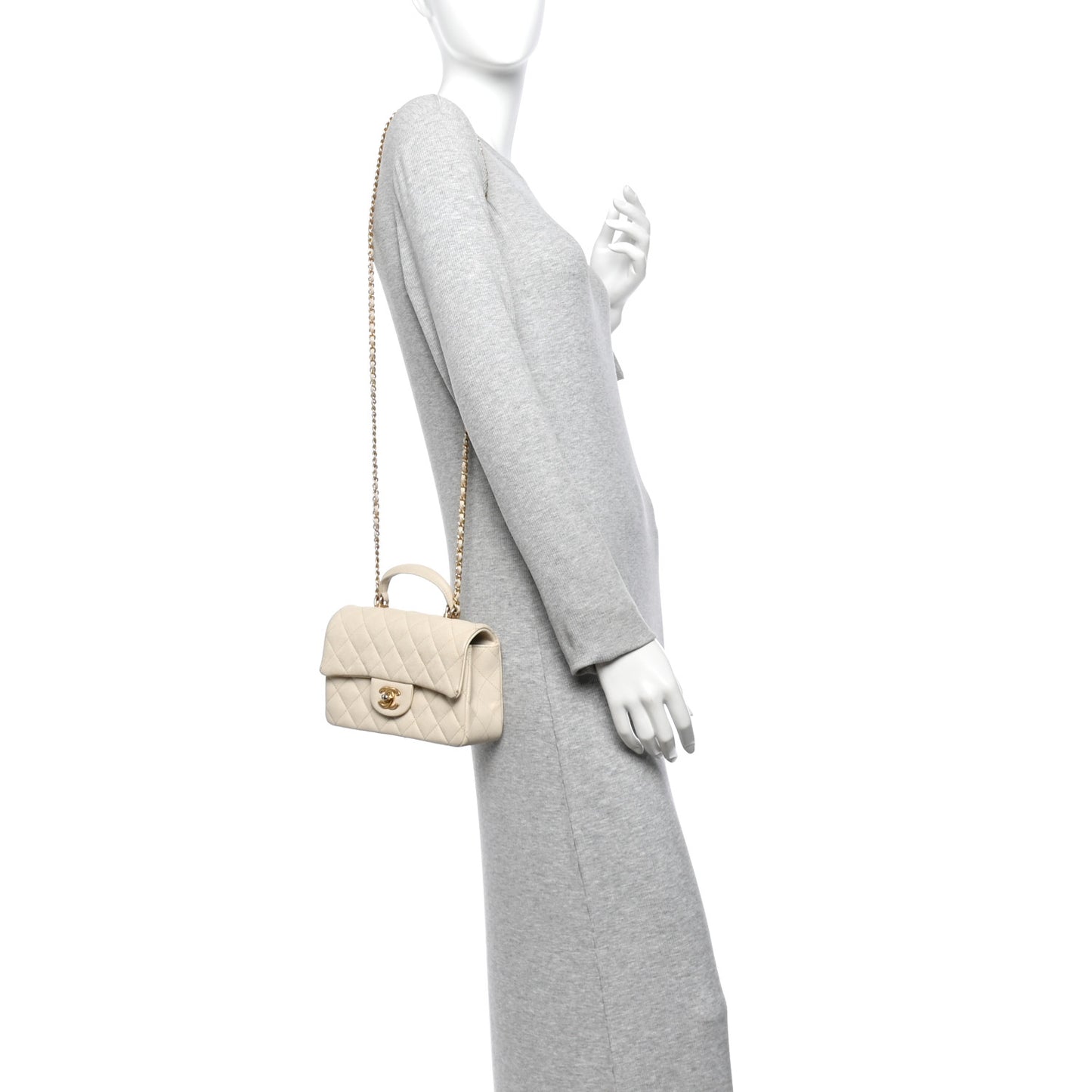 Caviar Quilted Mini Top Handle Rectangular Flap Beige