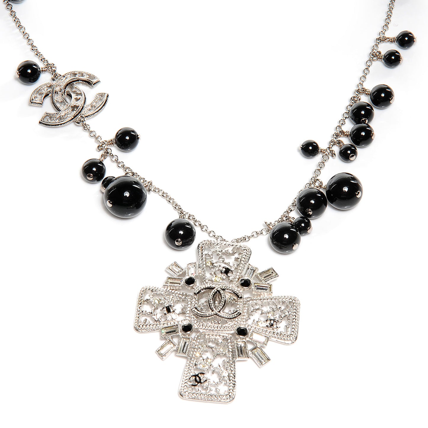 Maltese Cross Crystal CC Bead Necklace Silver