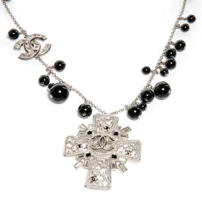 Chanel Maltese Cross Crystal CC Bead Necklace Silver 1 of 5