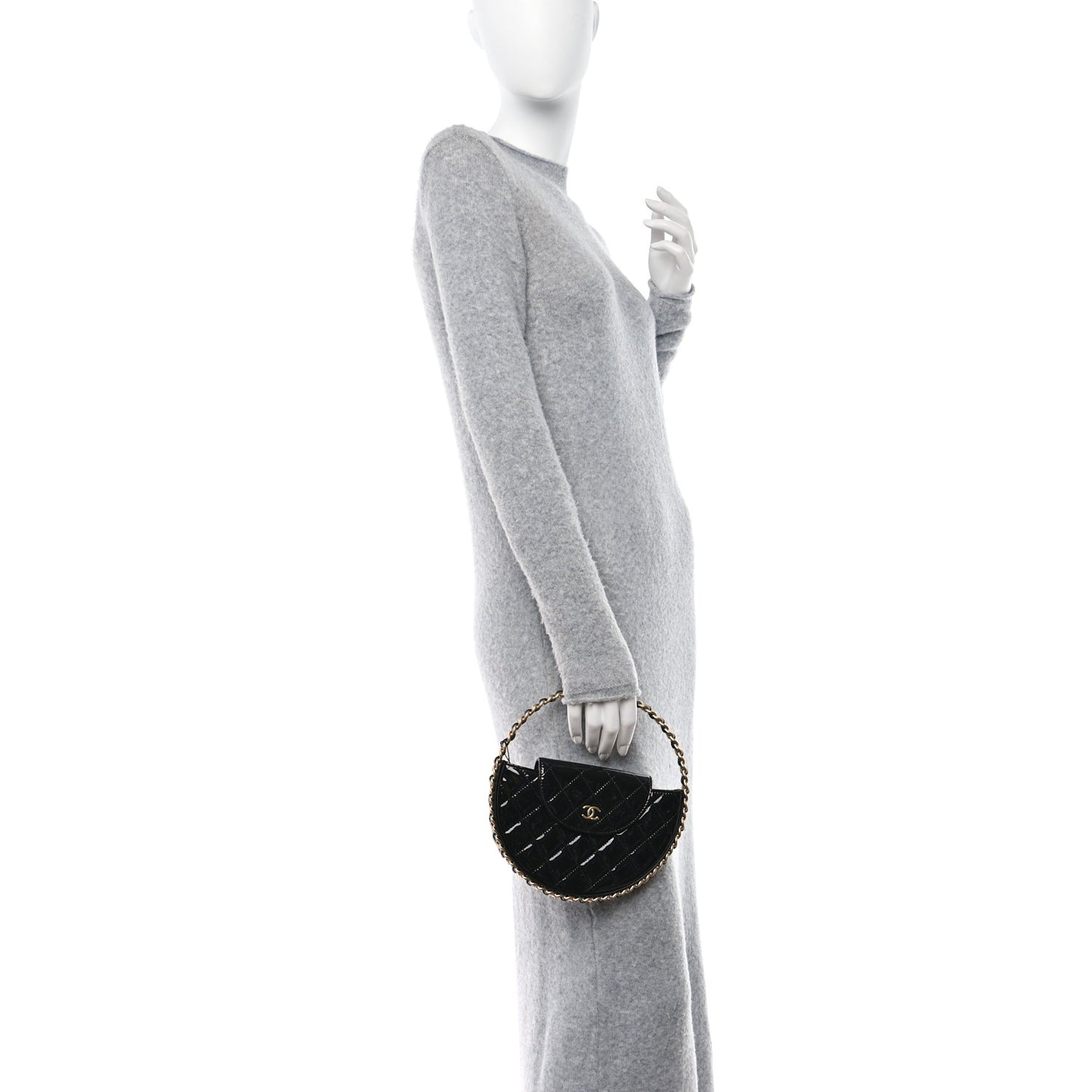 Patent Calfskin Quilted Chain Hoop Bag Black