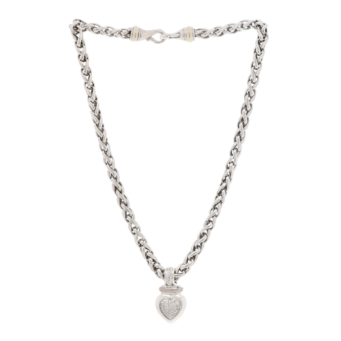 Sterling Silver Pave Diamond Heart Enhancer Pendant 6mm Wheat Chain Necklace