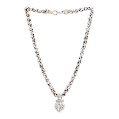 David Yurman Sterling Silver Pave Diamond Heart Enhancer Pendant 6mm Wheat Chain Necklace 2 of 5